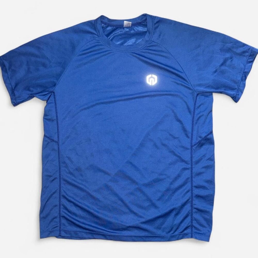 Blue Breathable Short Sleeve Workout Top with Reflective Logo; Size MEDIUM